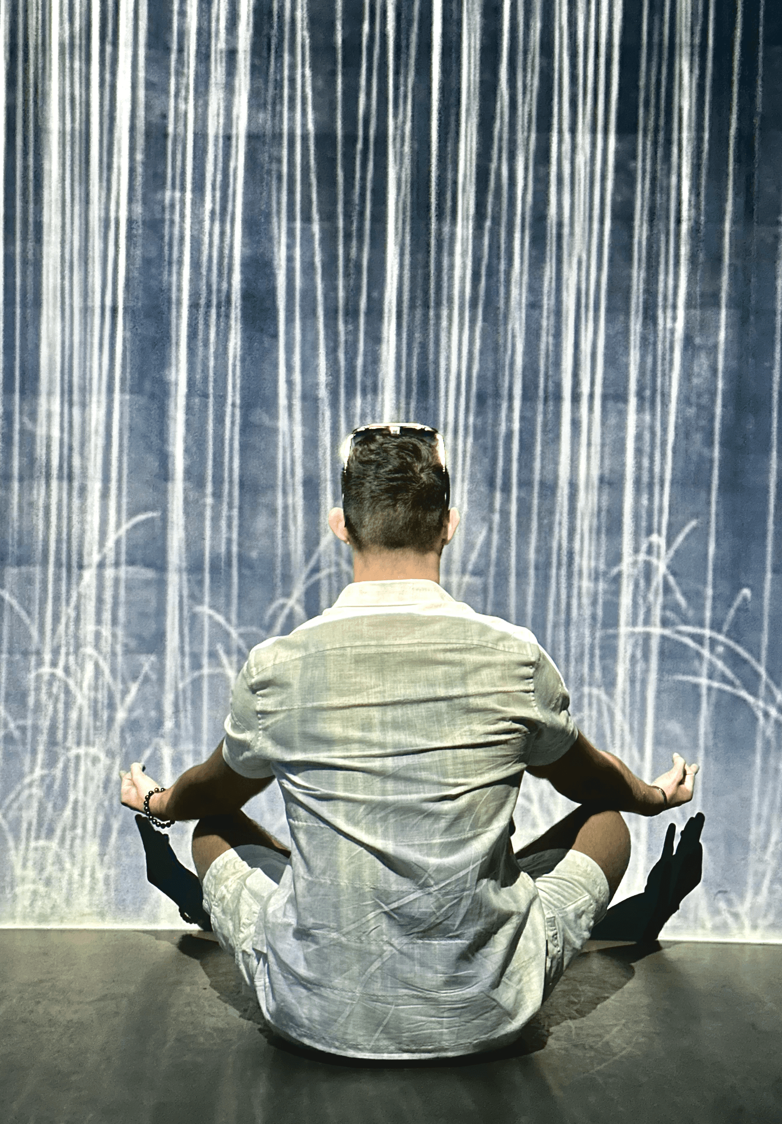 Lu.the.Gulu seated cross-legged in meditation, seen from behind, facing a pale wall of vertical brushstrokes
